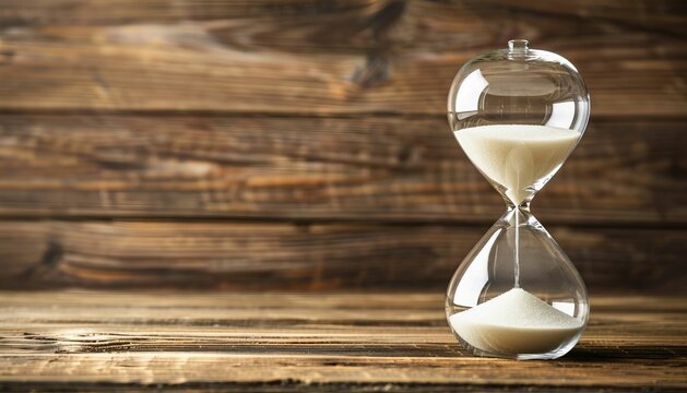 Hourglass on a wooden table with a blurred background