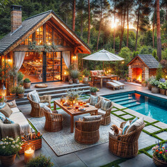 Cozy patio area with garden furniture, swimming pool and outdoor fireplace