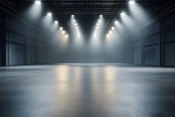 Dramatic dark warehouse interior with matte black infrastructure and moody theatrical lighting creating an elegant exclusive and premium atmosphere for presentations product shots