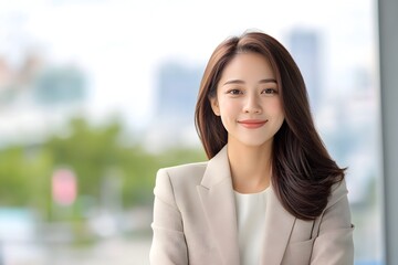 Fototapeta premium Portrait of a Confident and Stylish Thai Business Woman Wearing a Chic Blazer and Well Fitted Trousers Showcasing Her Perfect Body Shape and Relaxed Demeanor in a Corporate Setting