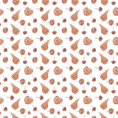 Halves of pears, apples, cherries. Watercolor fruits. Sweet healthy dessert. Autumn illustration. Seamless pattern for your design. White background
