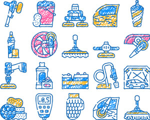 car polishing tool doodle icons set vector. sketch line art screwdriver with different attachment and sponges for car polishing body details and glass contour illustrations