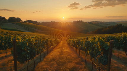 Golden sunrise illuminating rows of grapevines in a vineyard in the tuscany region of italy