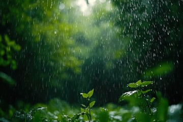 Rain falling through a lush, green forest.