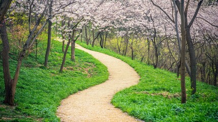 A winding path through a lush green park lined with cherry blossom trees.