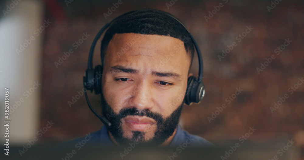 Poster man, thinking and headset in office for call center, contact us and customer service with sales. age