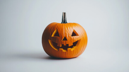 A carved Halloween pumpkin with a smiling face displayed on a simple background