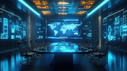 Futuristic conference room with a large digital world map display, high-tech environment for critical decision-making and strategy planning.
