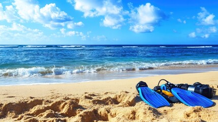 Obraz premium A serene beach scene with snorkeling gear on the sand, inviting ocean exploration.