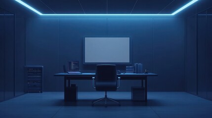 A dimly lit modern office with a desk, chair, and blank screen, suggesting a workspace environment.