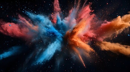 Black background, colorful powder explosion, colorful dust particles flying in the air, colorful cloud of colored sand and color powder exploding into many pieces,
