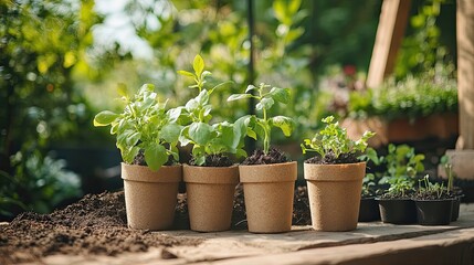 Fototapeta premium Five potted seedlings in brown biodegradable pots, arranged on a wood surface