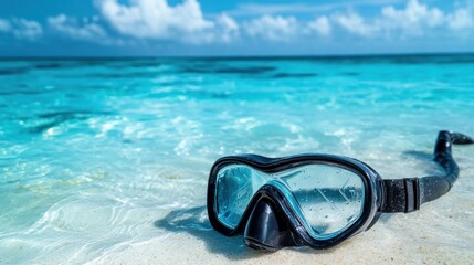 A snorkel mask resting on the sandy beach near clear turquoise water.
