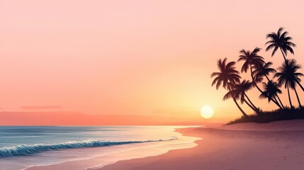Serene beach sunset with palm trees, soft waves, and a colorful sky, creating a tranquil tropical atmosphere.