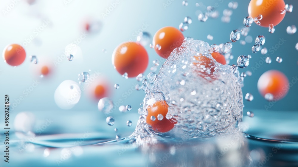 Poster a colorful illustration depicting the molecular structure of water in its different states, highligh