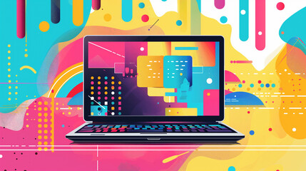 Obraz premium Laptop screen showing abstract graphic design with vibrant geometric shapes and patterns