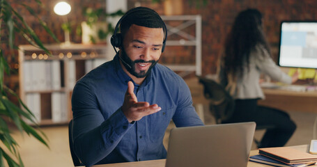 Black man, laptop and headset in office for call center, contact us and customer service with...