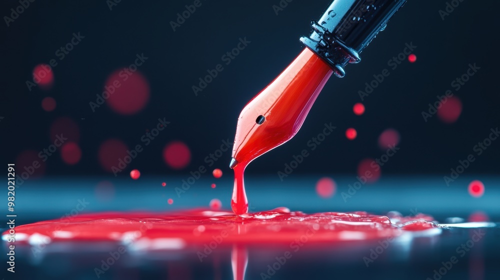 Poster a macro shot of a pen tip dipping into an inkwell, showcasing the ink vibrant color and viscous text