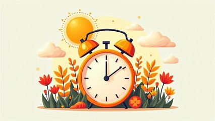 Daylight Saving Time Concept: Seasonal Clock Change with Autumn Floral Elements