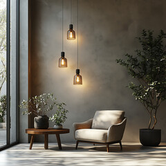 modern minimalist living room with an armchair and coffee table with potted plants