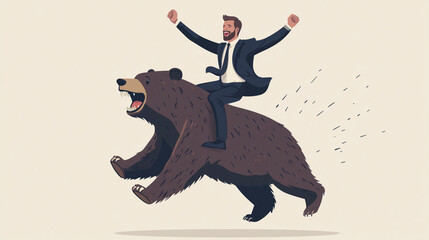 Businessman Riding a Bear: A bold and humorous illustration of a businessman riding a bear, symbolizing conquering challenges and achieving ambitious goals. Perfect for presentations, marketing materi