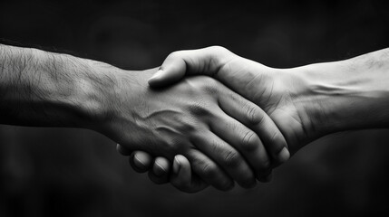 Black and white close-up of a handshake, symbolizing agreement, partnership, and trust