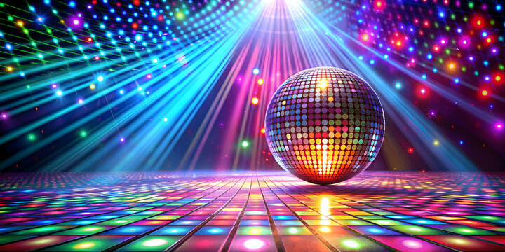 Vibrant disco dance floor with colorful laser lights and mirror ball, Disco, dance, floor, electrifying, laser, speakers