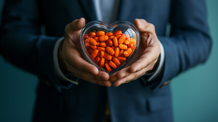 Heartfelt Care: A businessman in a suit holds a glass heart filled with orange pills, symbolizing the importance of health and well-being in the corporate world. The image evokes a sense of compassion