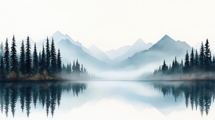 A serene landscape featuring mountains and a tranquil lake, surrounded by tall pine trees and soft mist, perfect for nature lovers.