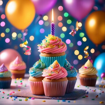 Torre de cupcakes decorados con glaseado colorido y una vela encendida en cada uno. Alrededor hay globos y serpentinas. Imagen perfecta para promociones de productos de reposter&iacute;a y celebraciones.