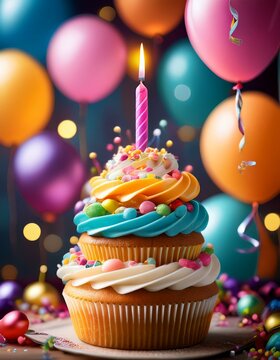 Torre de cupcakes decorados con glaseado colorido y una vela encendida en cada uno. Alrededor hay globos y serpentinas. Imagen perfecta para promociones de productos de reposter&iacute;a y celebraciones.