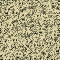 Seamless background with funny faces of anthropomorphic creatures. Humorous characters with different emotions
