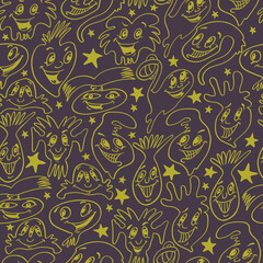 Seamless background with funny faces of anthropomorphic creatures. Humorous characters with different emotions