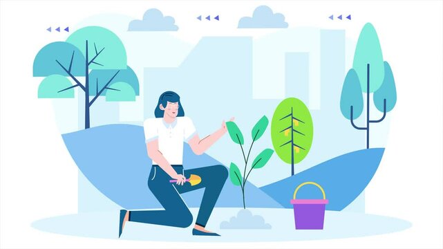 Illustration of a woman gardening outdoors surrounded by lush trees and plants capturing a serene and eco-friendly vibe animated video