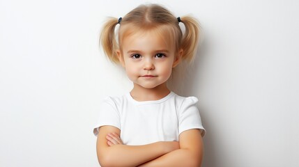 Fototapeta premium A young girl with pigtails and a white shirt is standing with her arms crossed. She has a serious expression on her face