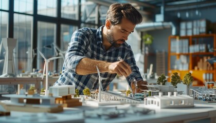 Architect Designs Sustainable City Model with Solar Panels and Wind Turbines