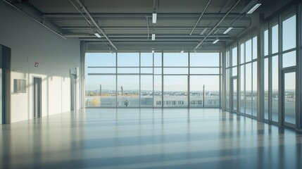 Obraz premium Spacious modern interior with large windows and a view of the city.