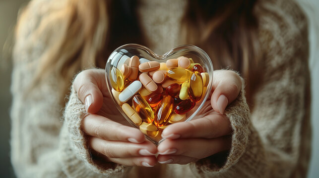 Heartfelt Wellness: A woman's hands hold a glass heart filled with colorful vitamins and supplements, symbolizing a commitment to health and well-being. The image evokes feelings of care, love, and se