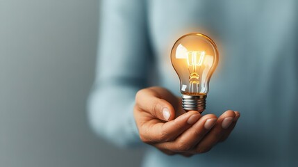 Capture a detailed close-up of a human hand holding a glowing light bulb symbolizing customer trust, in a photorealistic digital illustration