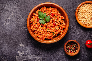 Vegan plant based meat, soybean mince, ready to eat.