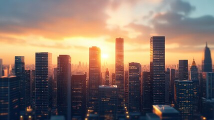 Obraz premium Capture a dramatic long shot of a modern cityscape during sunset, emphasizing the contrast between bright city lights and a darkening sky,CG 3D, photorealistic