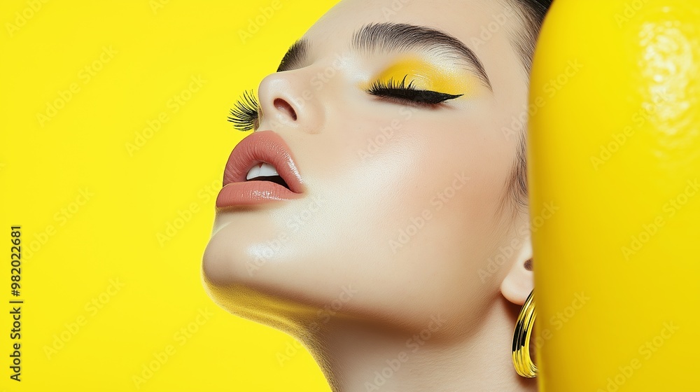 Wall mural a woman with yellow eyeshadow and a yellow background. the woman is wearing yellow earrings and has 