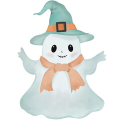 A ghost wears a light green witch hat with a black buckle an orange scarf tied.