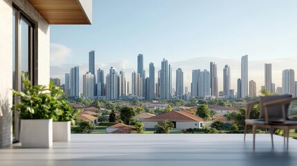 Fototapeta premium Capture a modern cityscape with skyscrapers overlooking a suburban neighborhood, emphasizing unique architectural features in digital realism