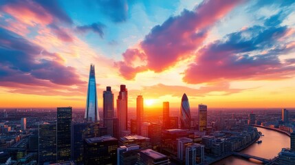 Fototapeta premium Capture a panoramic view of a bustling cityscape at sunset, showcasing vibrant colors and dynamic city life Utilize digital techniques for a photorealistic finish