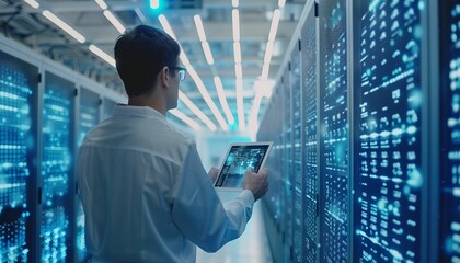 Male technician in server room analyzing digital tablet data