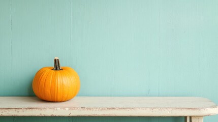 A vibrant orange pumpkin rests on a rustic shelf against a pastel blue wall, evoking autumn vibes and seasonal themes.