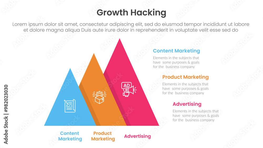 Poster growth hacking infographic 3 point with pyramid shape increase size right direction for slide presen