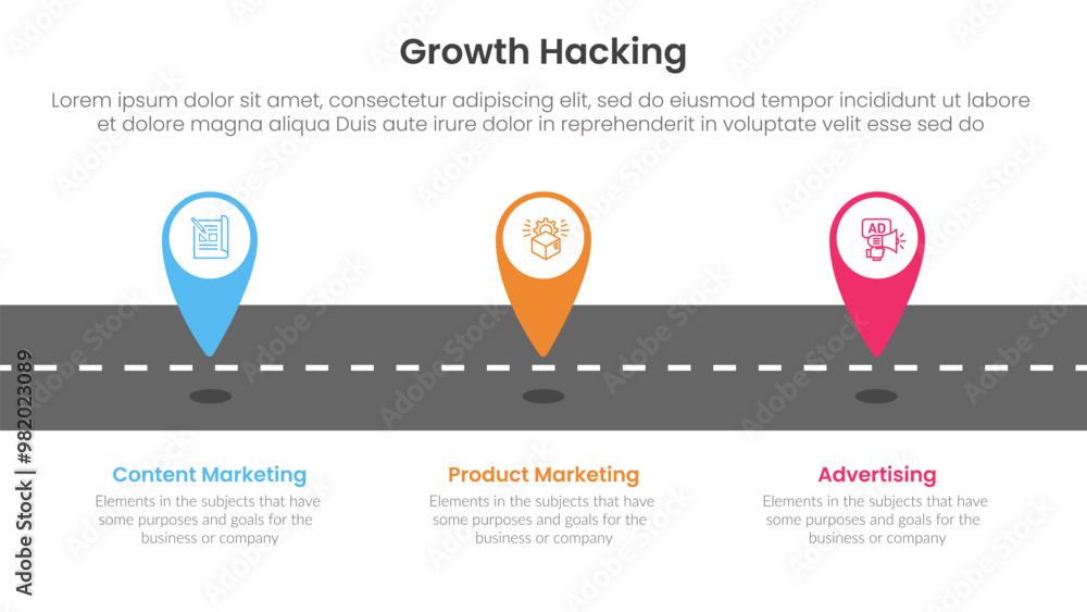 Poster growth hacking infographic 3 point with tagging pin location marker on roadway for slide presentation