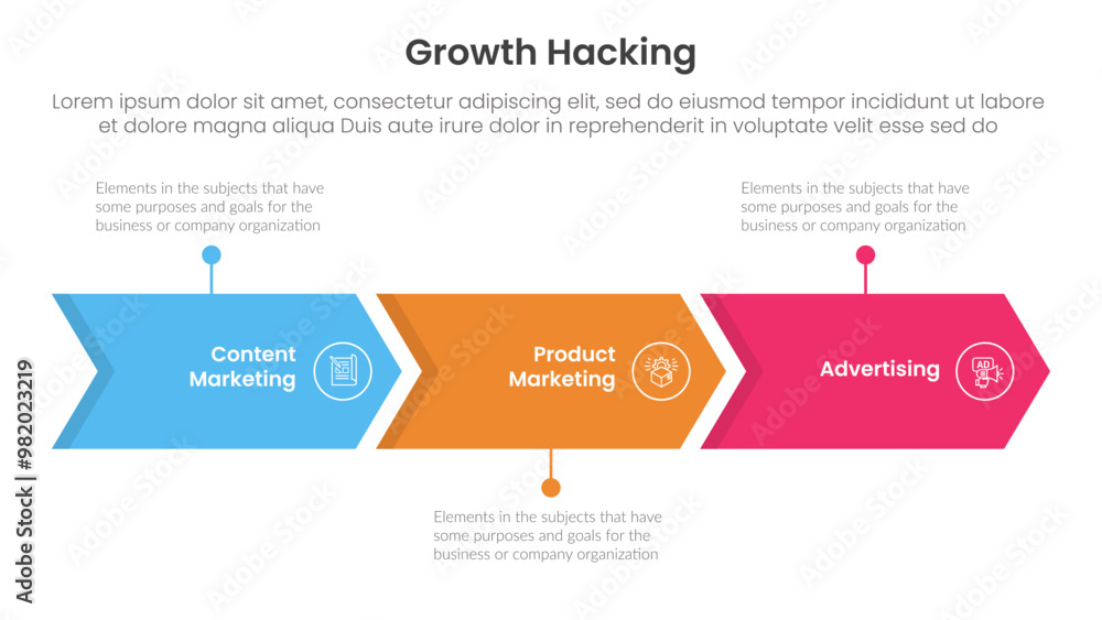Poster growth hacking infographic 3 point with arrow right direction horizontal line for slide presentation